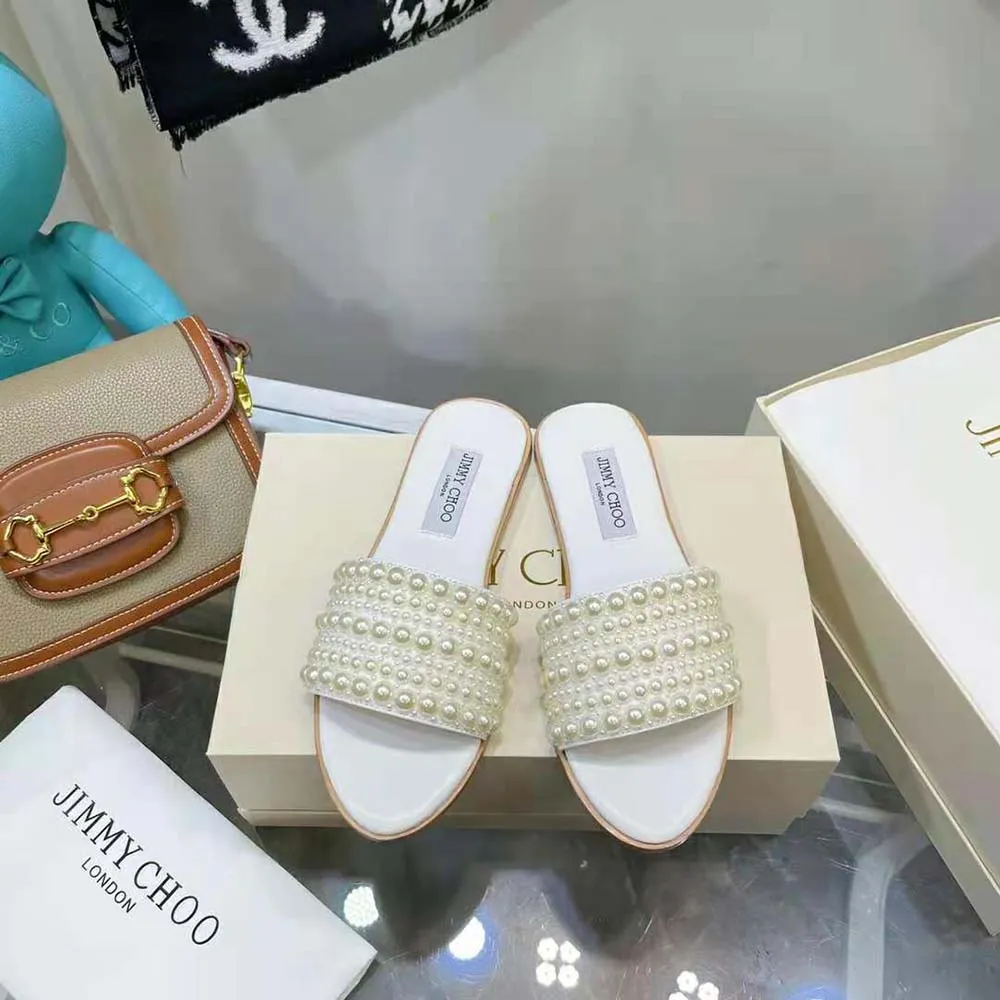 Jimmy Choo Mujer Minea Flat Bailarinas de satén blanco con perlas en toda la prenda