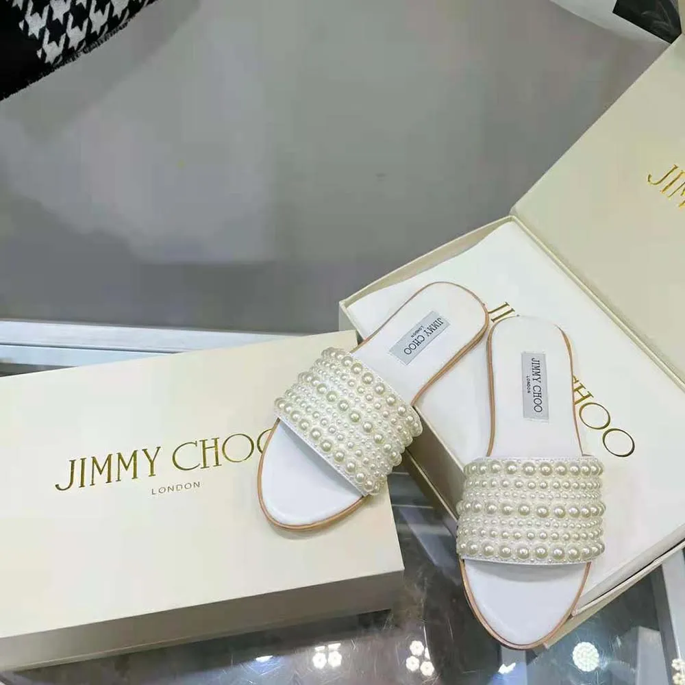 Jimmy Choo Mujer Minea Flat Bailarinas de satén blanco con perlas en toda la prenda