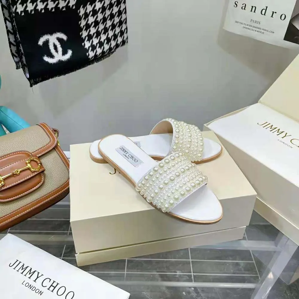 Jimmy Choo Mujer Minea Flat Bailarinas de satén blanco con perlas en toda la prenda