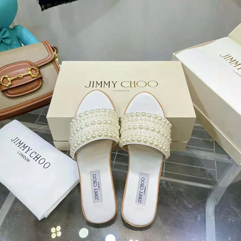 Jimmy Choo Mujer Minea Flat Bailarinas de satén blanco con perlas en toda la prenda