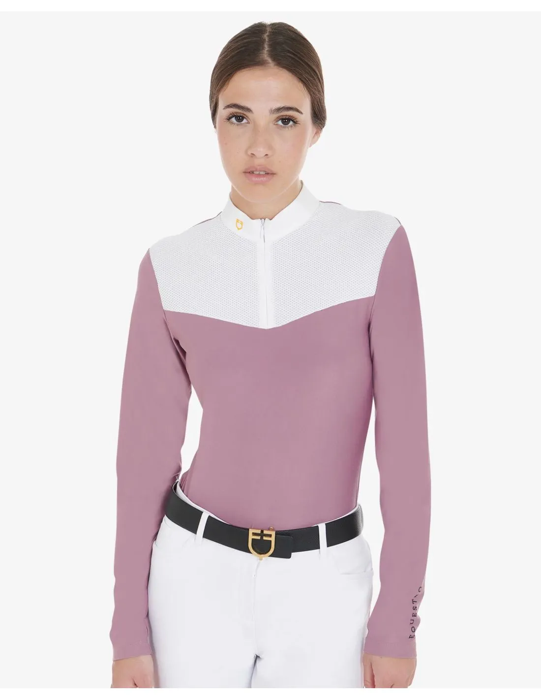 Polo de competición de mujer en tejido técnico y rejilla Equestro Rosa