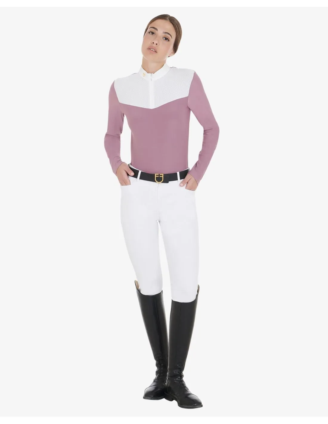 Polo de competición de mujer en tejido técnico y rejilla Equestro Rosa