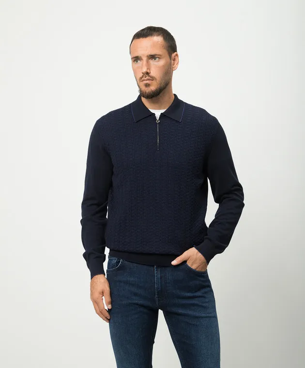 Stefano Ricci Blue wool and silk polo with crocodile leather insert