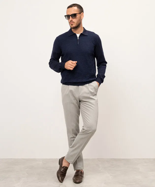 Stefano Ricci Blue wool, silk and cashmere polo with a pattern