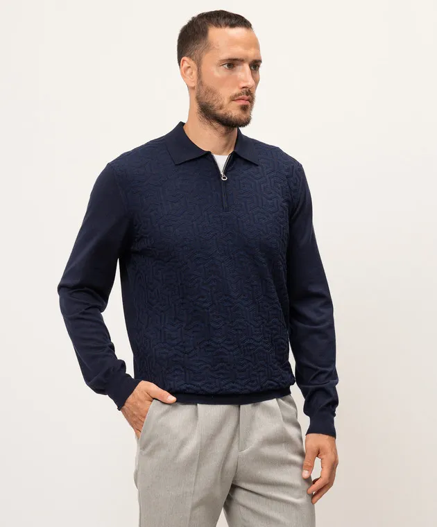 Stefano Ricci Blue wool, silk and cashmere polo with a pattern